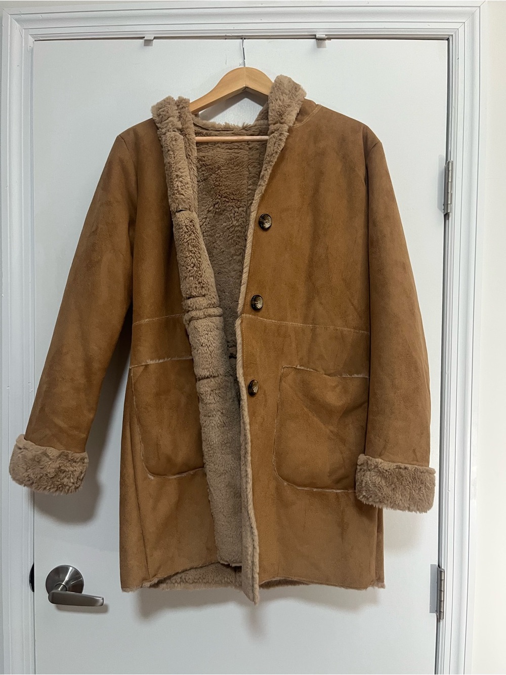 Men's Shearling Lined Suede Coat - Brown